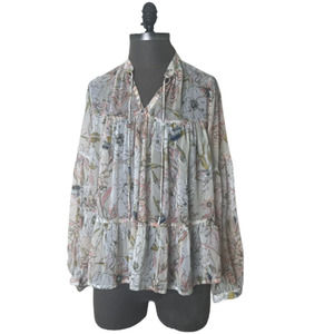 Lucky Brand Blouse Womens Floral V Neck Long Sleeve Boho Shirt Medium